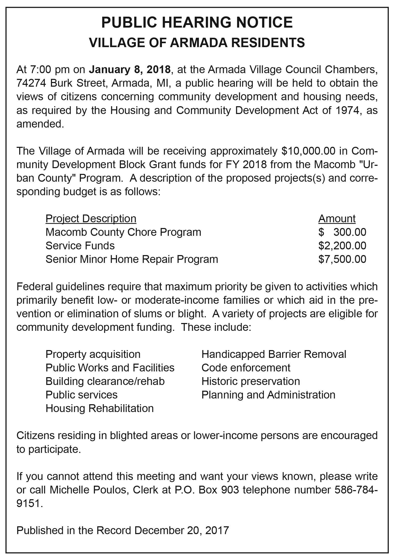 Village of Armada Public Notice The Record